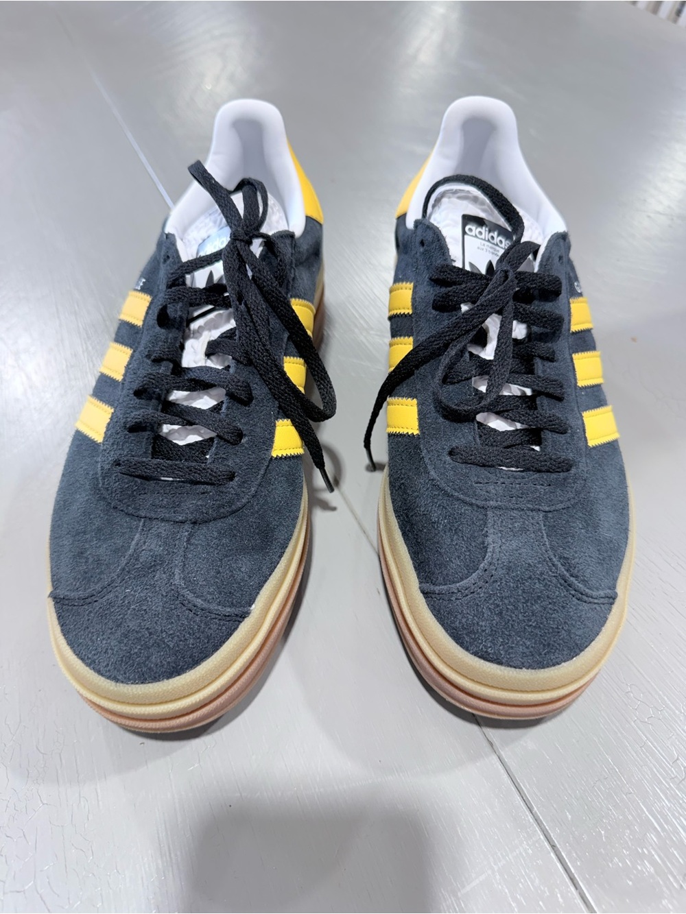 adidas Women’s Black Suede Sneakers with Yellow Stripes